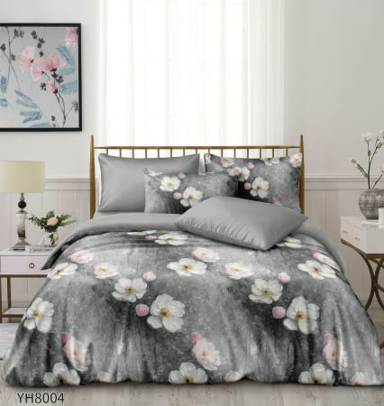 Lenjerii Satin Premium - Lenjerii De Pat Din Satin Premium 4 Piese Cu Elastic - Gri Cenusiu Cu Flori