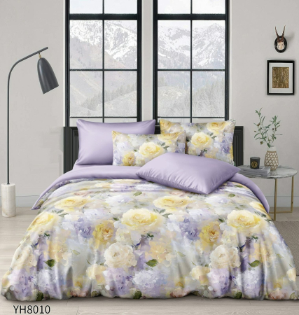 Lenjerii Satin Premium - Lenjerii De Pat Din Satin Premium 4 Piese Cu Elastic - Lila Cu Flori