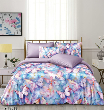 Lenjerii Satin Premium - Lenjerii De Pat Din Satin Premium 4 Piese Cu Elastic - Mov Cu Fluturi