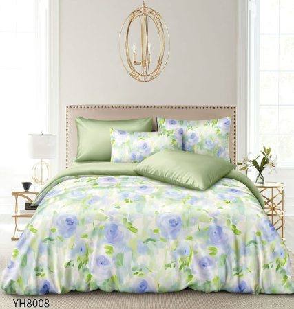 Lenjerii Satin Premium - Lenjerii De Pat Din Satin Premium 4 Piese Cu Elastic - Verde Deschis Cu Flori