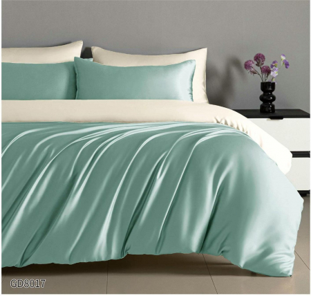 Lenjerii Satin Premium - Lenjerii De Pat Din Satin Premium Cu Elastic - Verde Menta Si Crem