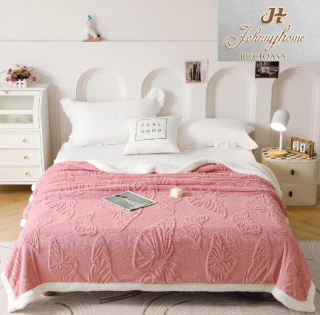 Paturi Cocolino Cu Blanita - Patura Cocolino Blanita Alba Fluturi 3D - Roz