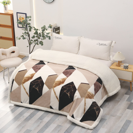 PĂTURI - Patura Cocolino Cu Blanita Alba 200x230cm - Bej Cu Forme Geometrice