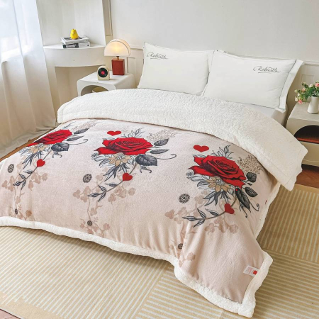Paturi Cocolino Cu Blanita - Patura Cocolino Cu Blanita Alba 200x230cm - Crem Cu Trandafiri Rosii