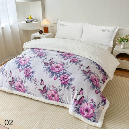 Paturi Cocolino Cu Blanita - Patura Cocolino Cu Blanita Alba 200x230cm - Gri Cu Trandafiri Si Fluturasi Lila