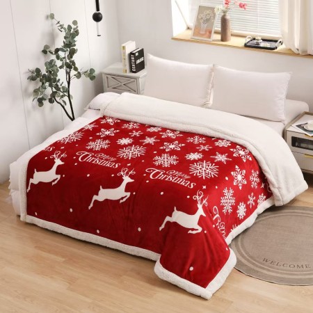 Paturi Cocolino Craciun - Patura Cocolino Cu Blanita Model Craciun - Rosu Cu Reni