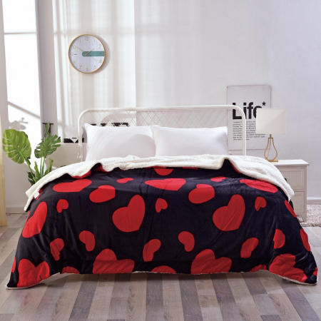 Patura Cocolino Cu Blanita - Neagra Cu Inimioare PĂTURI - Patura Cocolino Cu Blanita - Neagra Cu Inimioare