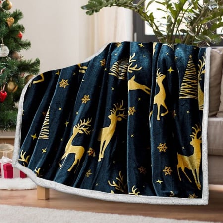 Paturi Cocolino Craciun - Patura Cocolino Cu Blanita Model Craciun - Golden Reindeer
