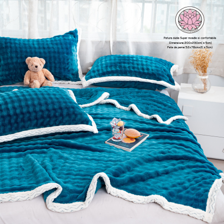 PĂTURI - Patura Cocolino Dubla + 2 Fete De Perna - Albastru