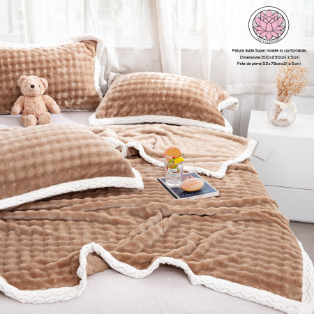 Paturi Cocolino Premium - Patura Cocolino Dubla + 2 Fete De Perna - Bej Cacao Cu Lapte