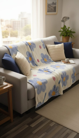 Patura Cocolino Grosime Medie 200x230cm - Alb Cu Flori Albastre [1]