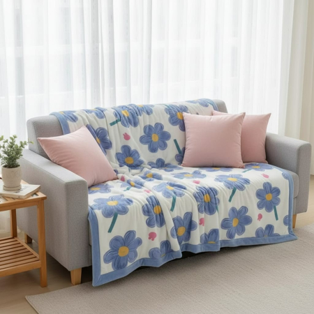 PĂTURI - Patura Cocolino Grosime Medie 200x230cm - Alb Cu Flori Albastre