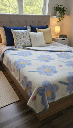 Paturi Cocolino Grosime Medie - Patura Cocolino Grosime Medie 200x230cm - Alb Cu Flori Albastre