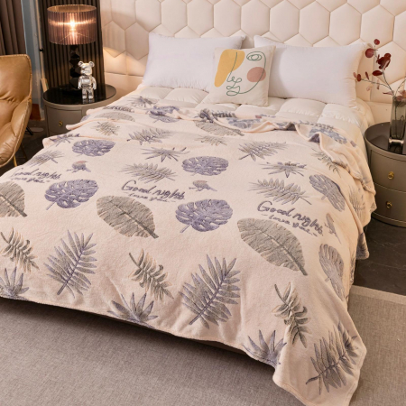 PĂTURI - Patura Cocolino Pufoasa 200x230cm - Crem Cu Frunze Gri