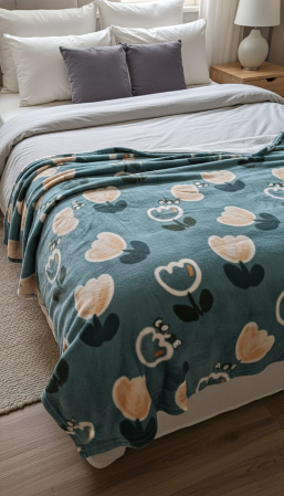 Paturi Cocolino Subtiri - Patura Cocolino Subtire 200x230cm - Turcoaz Inchis Cu Flori