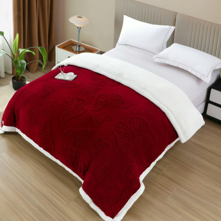 LICHIDARE DE STOC - Patura Cocolino UNI Cu Imprimeu Fluturi Gofrati Cu Blanita Si Fermoar 200x230cm - Bordo