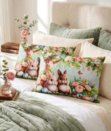 Pernuțe decorative - Set 2 Fete De Perna Decorative 3D 50x70cm Din Catifea + Microfibra - Design Paste Iepurasi Si Floricele