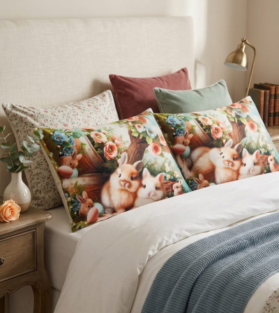 Pernuțe decorative - Set 2 Fete De Perna Decorative 3D 50x70cm Din Catifea + Microfibra - Design Paste Iepurasii In Padure