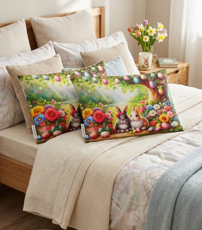 Pernuțe decorative - Set 2 Fete De Perna Decorative 3D 50x70cm Din Catifea + Microfibra - Design Paste Iepurasii Pe Campie