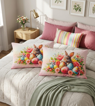 Pernuțe decorative - Set 2 Fete De Perna Decorative 3D 50x70cm Din Catifea + Microfibra - Design Paste Roz Cu Oua Si Iepurasi