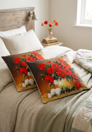 Pernuțe decorative - Set 2 Pernute Decorative 3D 45x45cm Din Catifea + Microfibra - Design Floral Buchet De Maci