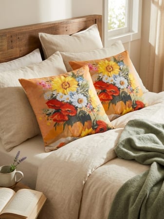 Pernuțe decorative - Set 2 Pernute Decorative 3D 45x45cm Din Catifea + Microfibra - Design Floral Maci Pictati