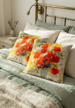 Pernuțe decorative - Set 2 Pernute Decorative 3D 45x45cm Din Catifea + Microfibra - Design Floral Pictura Maci In Vaza