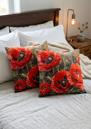 Pernuțe decorative - Set 2 Pernute Decorative 3D 45x45cm Din Catifea + Microfibra - Design Floral Tablou Cu Maci