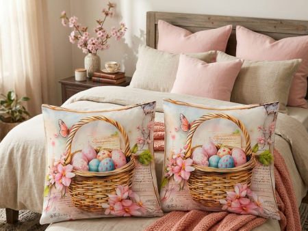 Pernute Decorative Pentru Paste - Set 2 Pernute Decorative 45x45cm Din Catifea + Microfibra - Design Paste Cos Cu Oua