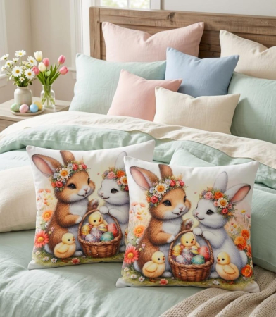 Pernuțe decorative - Set 2 Pernute Decorative 3D 45x45cm Din Catifea + Microfibra - Design Paste Familia De Iepurasi Cu Coronite Si Puisori