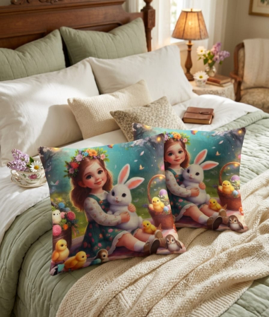 Pernuțe decorative - Set 2 Pernute Decorative 3D 45x45cm Din Catifea + Microfibra - Design Paste Fetita Cu Iepurasul si Puisorii