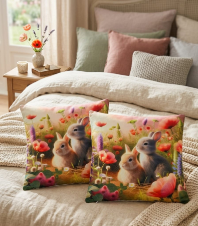 Pernuțe decorative - Set 2 Pernute Decorative 3D 45x45cm Din Catifea + Microfibra - Design Paste Iepurasi In Lanul Cu Flori