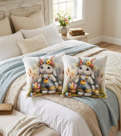 Pernuțe decorative - Set 2 Pernute Decorative 3D 45x45cm Din Catifea + Microfibra - Design Paste Iepurasul Cu Coronita Cosul Cu Oua