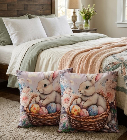 Pernuțe decorative - Set 2 Pernute Decorative 3D 45x45cm Din Catifea + Microfibra - Design Paste Iepurasul Cu Cosul Cu Oua Vopsite