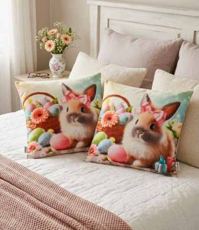 Pernuțe decorative - Set 2 Pernute Decorative 3D 45x45cm Din Catifea + Microfibra - Design Paste Iepurasul Cu Fundita