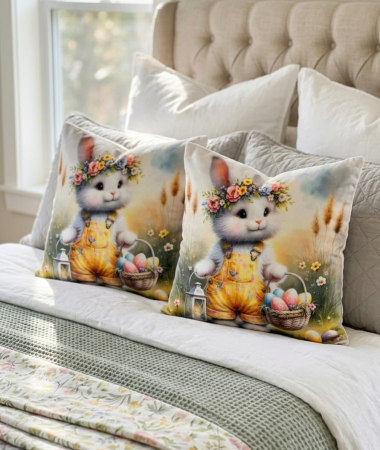 Pernuțe decorative - Set 2 Pernute Decorative Set 2 Pernute Decorative 3D 45x45cm Din Catifea + Microfibra - Design Paste Iepurasul Cu FunditaDin Catifea + Microfibra - Design Paste Iepurasul Cu Fundita