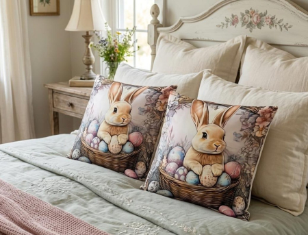Pernuțe decorative - Set 2 Pernute Decorative 3D 45x45cm Din Catifea + Microfibra - Design Paste Iepurasul In Cosul Cu Oua Vopsite