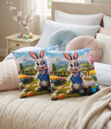 Pernuțe decorative - Set 2 Pernute Decorative 3D 45x45cm Din Catifea + Microfibra - Design Paste Iepurasul In Gradina Cu Floricele Si Oua