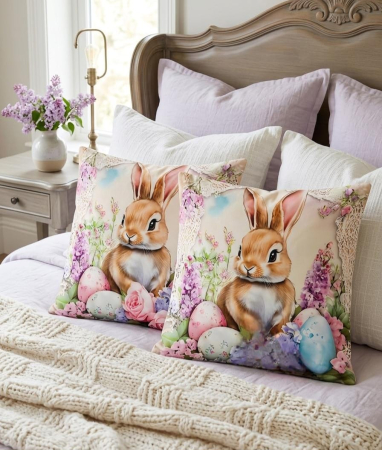 Pernuțe decorative - Set 2 Pernute Decorative 3D 45x45cm Din Catifea + Microfibra - Design Paste Iepurasul Primavara