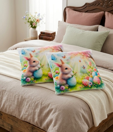 Pernuțe decorative - Set 2 Pernute Decorative 3D 45x45cm Din Catifea + Microfibra - Design Paste Iepurasul Si Ouale Vopsite