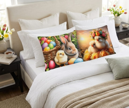 Pernuțe decorative - Set 2 Pernute Decorative 3D 45x45cm Din Catifea + Microfibra - Design Paste Iepurasul Si Puisorul