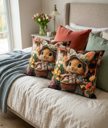 Pernuțe decorative - Set 2 Pernute Decorative 3D 45x45cm Din Catifea + Microfibra - Design Paste Iepurica Harnicuta Cu Cosul De Oua