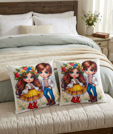 Pernuțe decorative - Set 2 Pernute Decorative 3D 45x45cm Din Catifea + Microfibra - Model Traditional Copii La Serbare