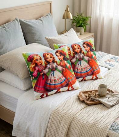 Pernuțe decorative - Set 2 Pernute Decorative 3D 45x45cm Din Catifea + Microfibra - Model Traditional Fete In Port Popular