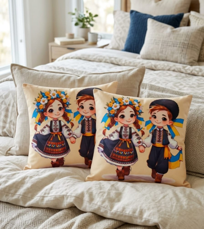 Pernuțe decorative - Set 2 Pernute Decorative 3D 45x45cm Din Catifea + Microfibra - Model Traditional Romancuta Si Romanasul