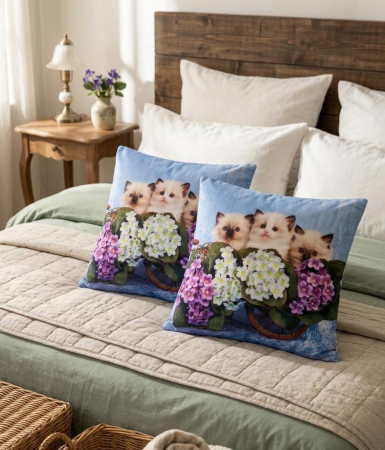 Pernuțe decorative - Set 2 Pernute Decorative 3D 45x45cm Din Catifea + Microfibra - Pisicute Birmaneze