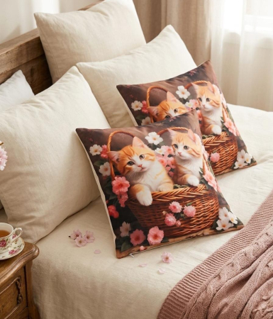 Pernuțe decorative - Set 2 Pernute Decorative 3D 45x45cm Din Catifea + Microfibra - Pisicute British Shorthair Roscate