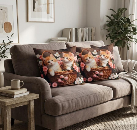 Set 2 Pernute Decorative 3D 45x45cm Din Catifea + Microfibra - Pisicute British Shorthair Roscate [1]