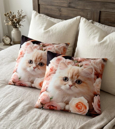 Pernuțe decorative - Set 2 Pernute Decorative 3D 45x45cm Din Catifea + Microfibra - Pisicute Persane