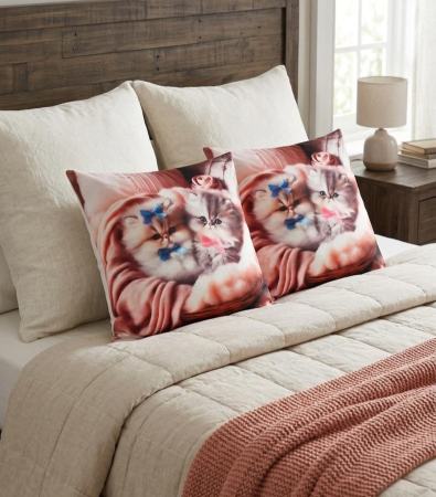 Pernuțe decorative - Set 2 Pernute Decorative 3D 45x45cm Din Catifea + Microfibra - Pisicute Persane Cu Fundite